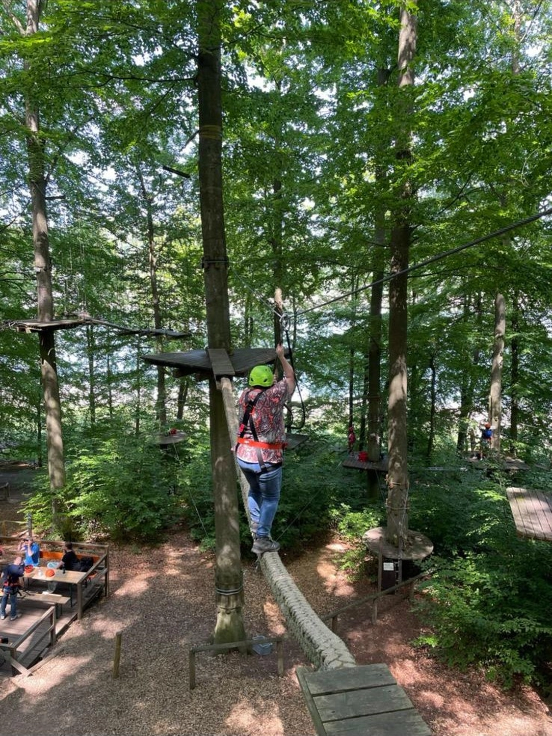 Soziale Teilhabe Kilian und Partner - sozialpädagogische Hilfe - Eine Person navigiert einen Hochseilgarten im Hochseilgarten