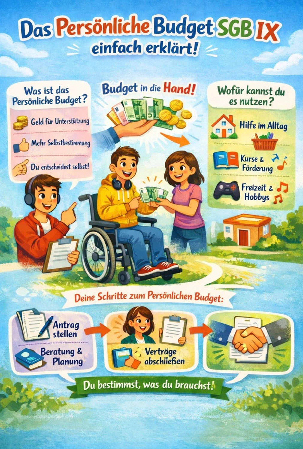 Soziale Teilhabe Kilian und Partner - sozialpädagogische Hilfe - eine übersichtliche grafische Übersicht über das „Persönliche Budget“, in der dessen Zweck und die Schritte zur Beantragung erläutert werden