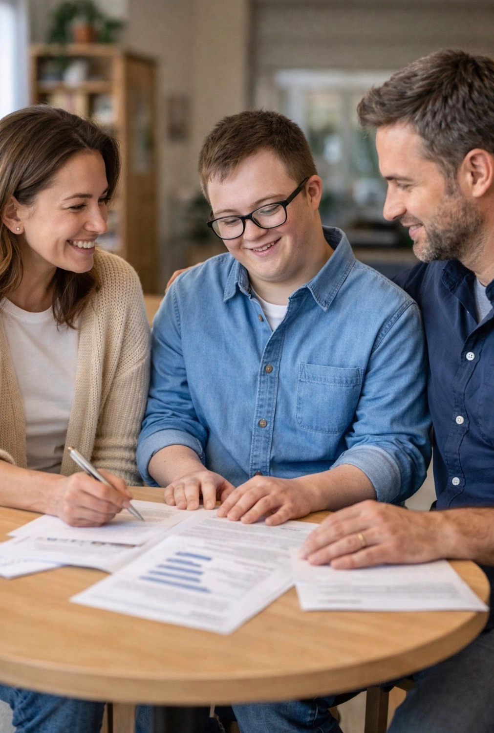 Soziale Teilhabe Kilian und Partner - sozialpädagogische Hilfe - drei Personen begutachten gemeinsam an einem Tisch Arbeiten