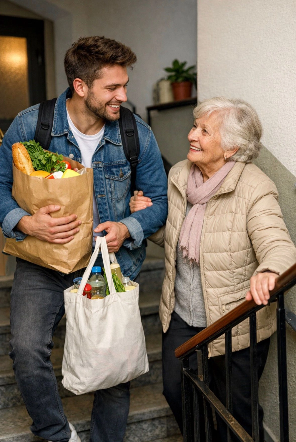 Soziale Teilhabe Kilian und Partner - sozialpädagogische Hilfe - ein junger Mann hilft einer älteren Frau, Lebensmittel die Treppe hinaufzutragen