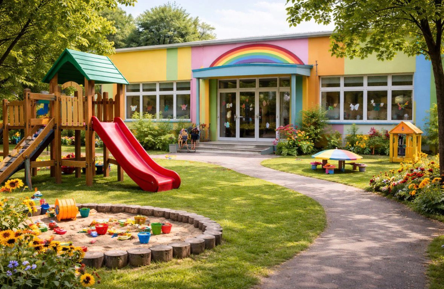 Soziale Teilhabe Kilian und Partner - sozialpädagogische Hilfe - ein farbenfrohes Vorschul- oder Kindergartengebäude mit Spielplatz und Sandkasten